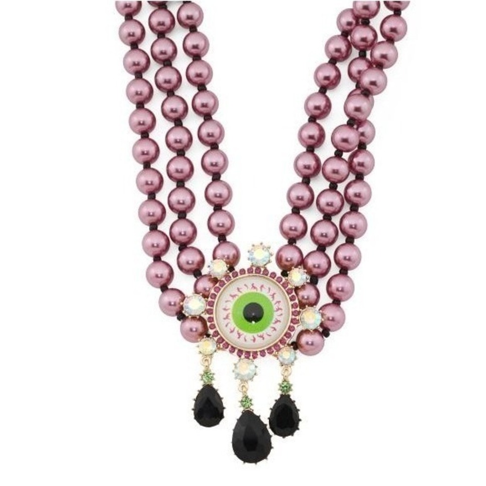 Betsey Johnson Evil Eye Necklace Pink Pearl Multi Strand Gothic Statement Choker